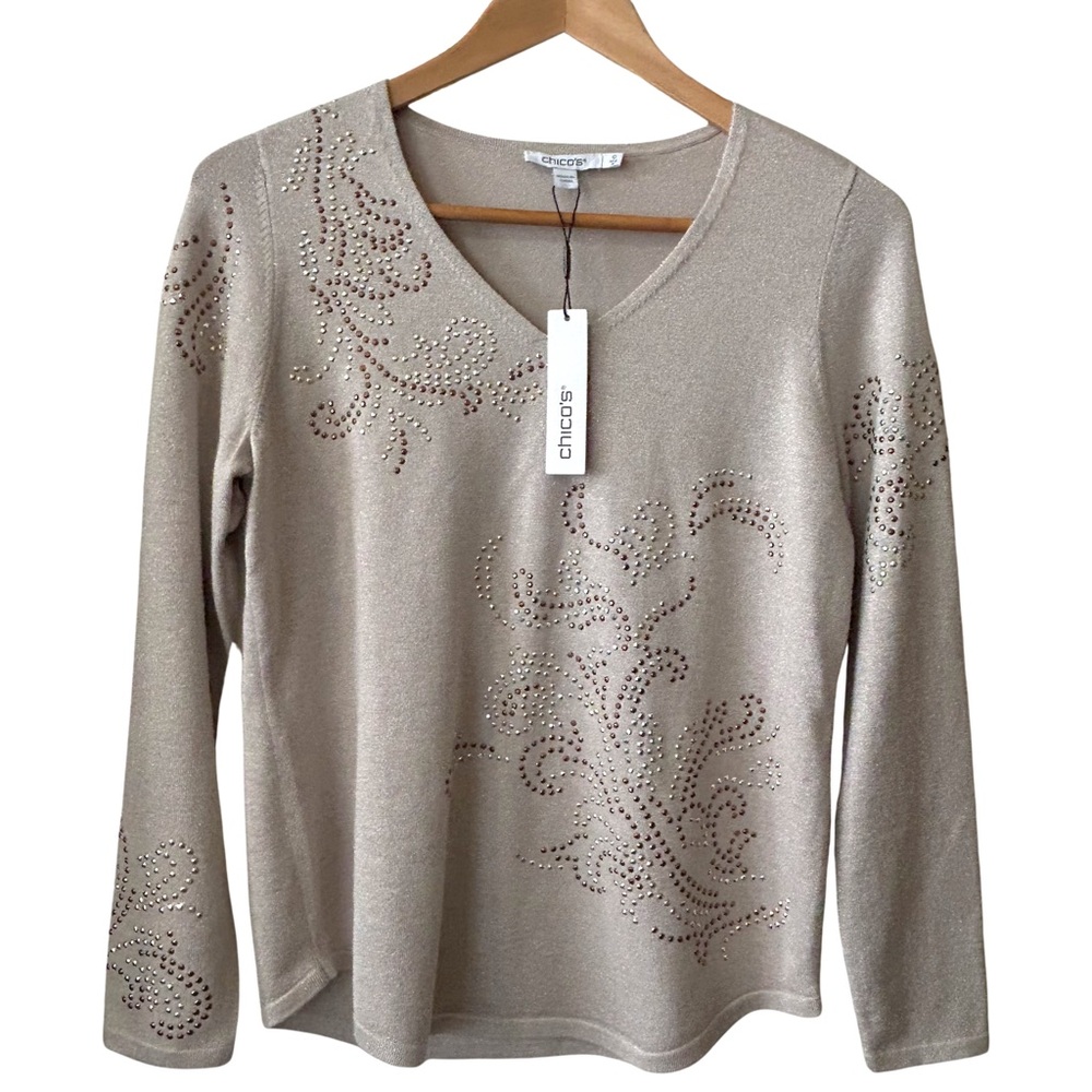 NWT Chico's V-Neck Pullover Embellished Sweater - Size 0 / Small - Helium Tan